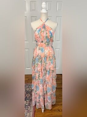 NWT LeLe Kerri Front-Cutout Tiered Halter Chiffon Maxi Dress Floral Sz S